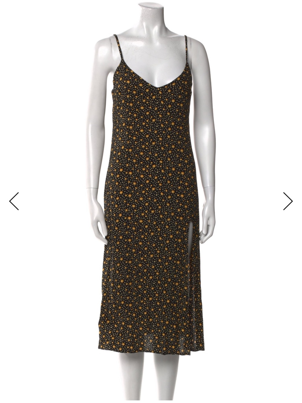 Reformation Black Slip Midi Dress with Yellow Floral Dot Print M US 6